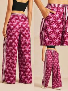 LUVLETTE Versatile Daily Burgundy Floral Wide-Leg Pants - Stripe-Accented Lounge Trousers Multi-Wear Home & Casual Wear Curve Lingerie Culotte Pyjama - Pink - View 2