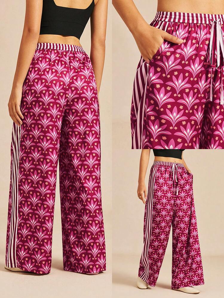 Burgundy Floral Wide-Leg Pants