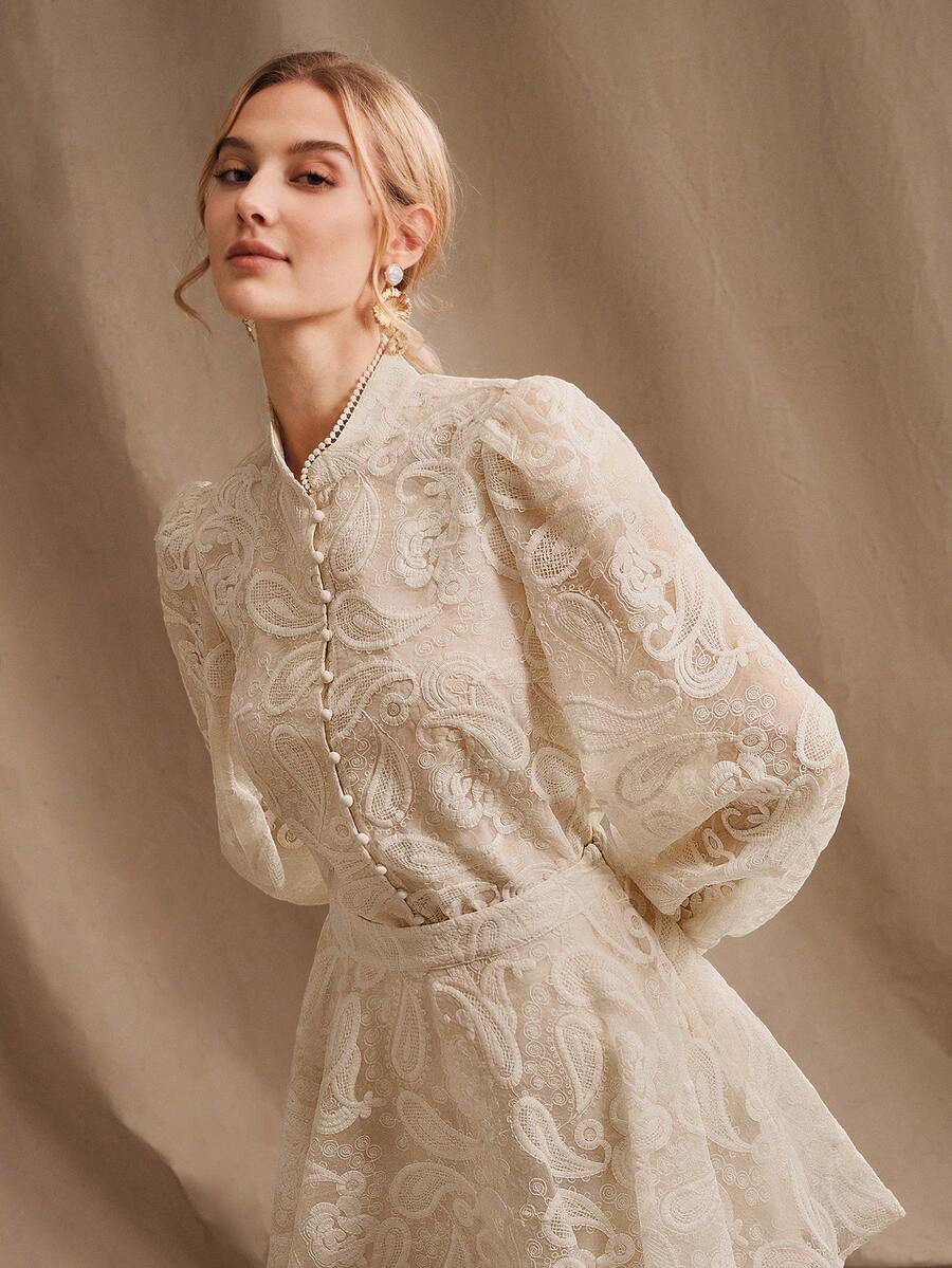 Anewsta Women's Mandarin Collar Lantern Sleeve Mesh Fabric Floral Embroidery Elegant Blouse - Apricot - View 1