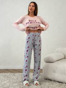 EURMUSE 100% Cotton 2Pcs  Contrast Colour Heart Printed PJ Set - Baby Pink - View 4