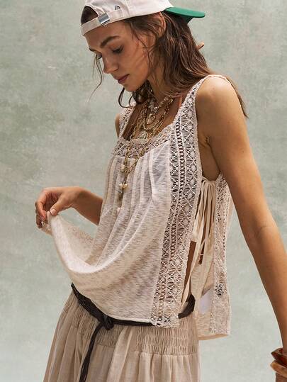 Bohemela Boho Spring/Summer Outfits, Vintage Women's Vacation Beach Bohemia Casual Solid Color Knit Loose Patchwork Lace Loose Tank Top, Casual Vacation, Western Country Style Concert Party Outfits, Suitable For Beach Vacation Outfit & Daily Wear & Back To School & Going Out Outfits & Party Outfits, 2000s Outfits, Y2k Clothes, Summer Holiday Outfits,Summer Top