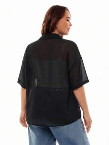SHEIN EZwear 大码女式夏季透明前扣短袖衬衫，母亲节、度假、办公室黑色衬衫 - 黑色 - 查看 3