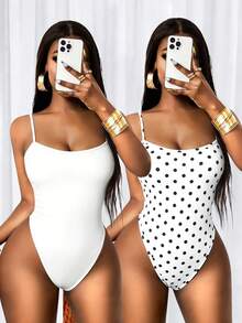 Mistrie 2 Pack Women's Side Cutout Open Back Bodysuit,White With Black Polka Dots,Summer Seksi Chic Beach Club,Solid Color Summer Outfits Tops Clothes - Black and White - View 8