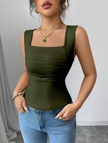 Rafferiza Women's Solid Color Square Neck Sleeveless Fitted Casual Elegant Tank Top For Summer - Army Green - View 6