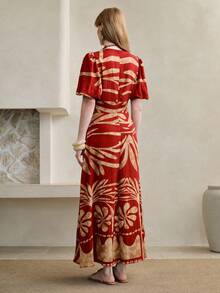 Arave Women's V-Neck Petal Sleeve Waist Cinched A-Line Floral Print Elegant Date Dress - Red - View 3