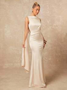 Lumalex 女士优雅杏色褶皱领无袖修身喇叭连衣裙，春夏款 - 杏色 - 查看 8