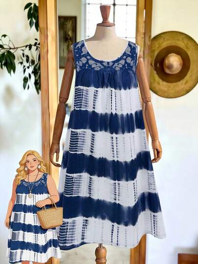 EMERY ROSE Plus Size Vacation Casual Tie-Dye Lace Patchwork Dress