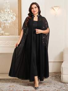 SHEIN Clasi Vestito canotta tinta unita e cardigan aperto davanti casual, completo da 2 pezzi, taglie comode per donna - nero - Visualizzare 4