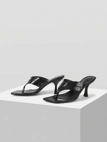 Mnmlis Women Black Square Toe Thong Sandals With Sculptural Heels Elegant Heeled Mules Perfect For Any Occasion. Summer - Black - View 2