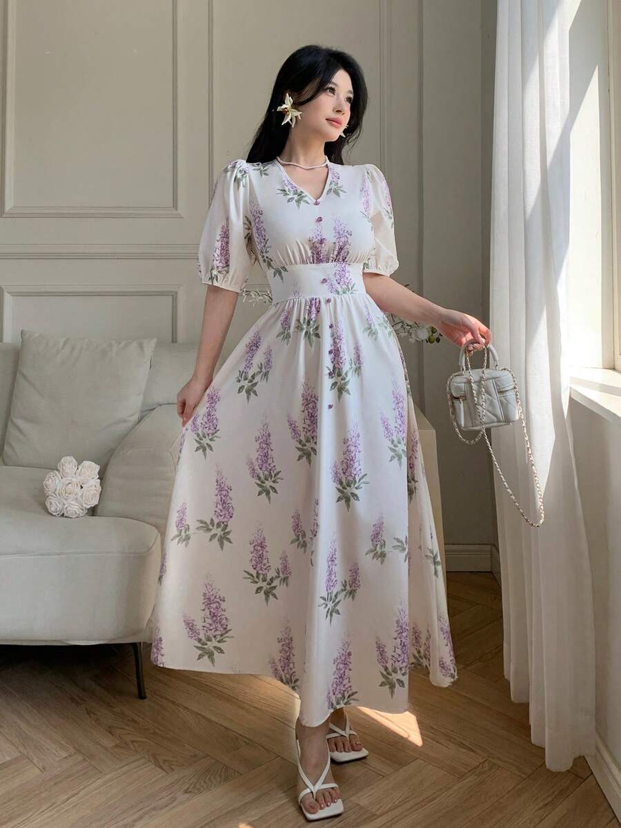 Feyla New Arrival V-Neck Ruched Waist Ditsy Floral Vacation Dress With Puff Sleeves, Elegant & Slimming