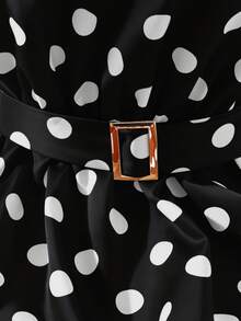 Franclia 女士时尚无袖V领波点印花腰带A字长裙，情人节及约会之夜风格 - 黑色 - 查看 8