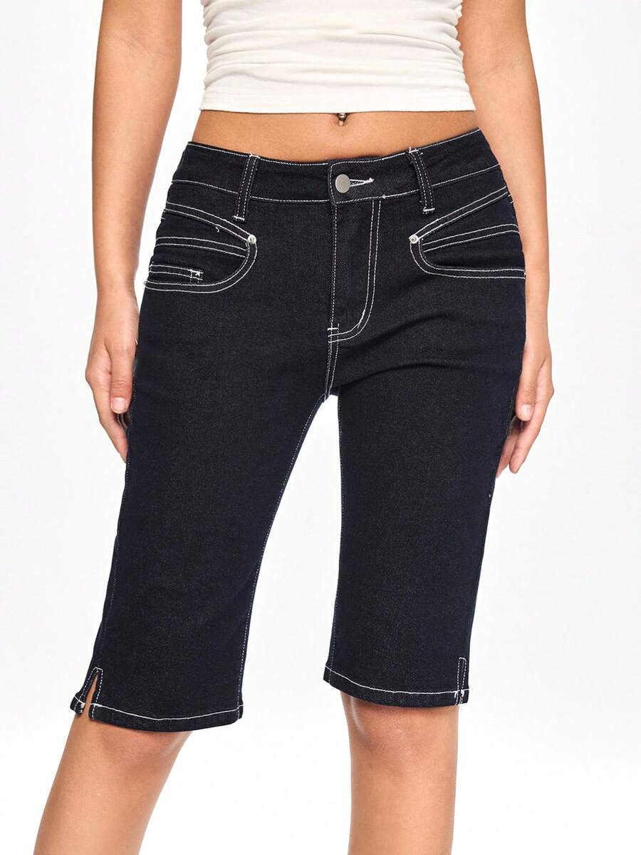 ROMWE Grunge Punk Y2K Vintage Ultra Low Waist Skinny Dark Wash Flare 7/8 Jeans - Blue - View 1