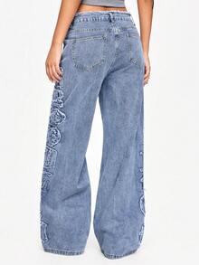 ROMWE Grunge Punk 女式超低腰宽松侧贴英文字牛仔裤 - 藍色 - 查看 3