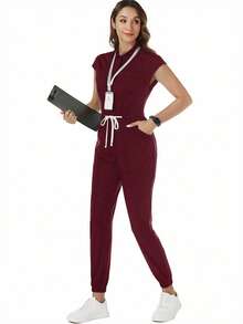 TaskEZ Solid Color Drawstring Waist Scrub Uniform Jumpsuit - Burgundy - View 4
