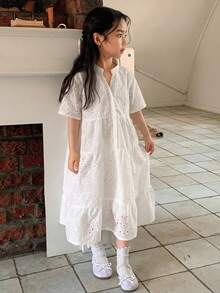 Dazy Kids 少女寬鬆休閒度假風中長洋裝，夏季新款陽光洋裝 - 白色 - 查看 6