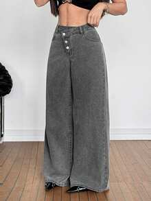 SHEIN PETITE جينز كاجوال فضفاض بتصميم مستقيم وجيوب للنساء القصيرات، لارتداء اليومي والتنقل، طراز Y2K الشارع، لون رمادي مغسول بالثلج - الأسود - مشاهدة 3