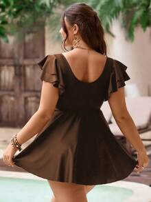 Swim Lushoire Plus Size 2pcs Black Square Neck Ruffle Sleeve Crop Top & Ruffle Hem Skirt Bikini Set, Sexy Casual Swimwear For Pool Party - Brown - View 2