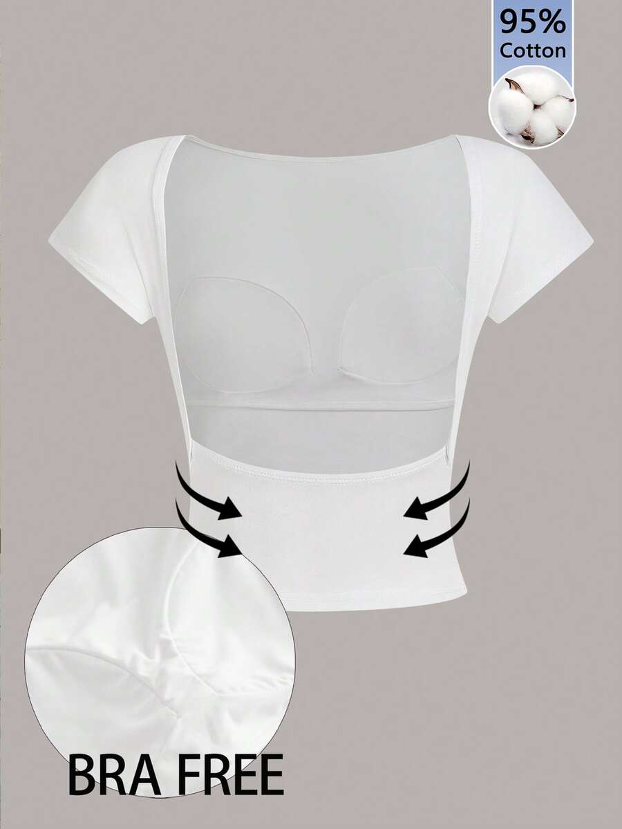 95%纯棉无胸垫休闲简约百搭T恤，适合通勤、日常穿着、度假，性感露背设计，夏季白色圆领 - 白色 - 查看 1