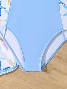 少女连体泳衣，针织面料，海星印花，搭配同款海星印花短裤，适合夏季、冲浪、海滩、度假、泳池等场合。 - 藍色 - 查看 4