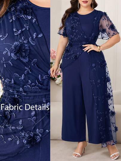 Reflora Plus Size Women's Jumpsuit, Elegant Sleeveless Long Leg Wide Leg Stretchy Knit Jumpsuit With Embroidery Patchwork, Twist Detail, Romantic, Suitable For Daily Wear Summer Outfits For Women Summer Clothes Summer Vacation Outfits Summer Outfits For Woman Summer Clothes Women Jumpsuits For Woman Jumpsuits For Woman Elegant Carnival Costume Carnival Women Look 2026 Women Carnival Costume Carnival Outfit Carnival Costume For Women Women's Carnival Costume Flower Graduation Dress For Women Graduation Outfit For Mother Graduation Ceremony