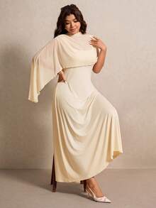 Elaquor Robe élégante à col montant et manches chauve-souris pour femmes de grande taille, en couleur unie. Tenues élégantes classiques pour femmes. Robe de soirée élégante pour le printemps/été, les vacances, les mariages, les remises de diplômes et les festivals. - Nude - Voir 3
