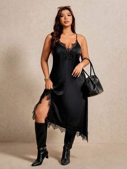 Elaquor Plus Size Women's Elegant Color Block Lace High Slit Slip Dress, Sexy & Charming, Black Satin Maxi Dress, Elegant Ladies Dress, Casual Women's Dress, Party Elegant Dress, New Year Women's Outfit, Suitable For Daily Wear, Outing, Commuting, Wedding Attire Lace Trim Dress Black Dress Spring/Summer Elegant Vacation Dresses For Women Wedding Guest Dress For Women Graduation Dress For Women Festival Outfits For Women