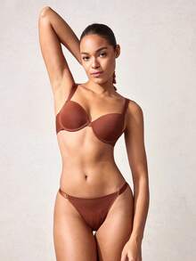 Veilyse Minimalist Solid Color Wire-Bra And Thong Underwear Set - Brown - View 6