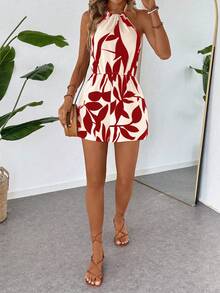 Breezaya Bộ áo liền quần cổ yếm in họa tiết lá cây, eo chun, trang phục đi nghỉ mát mùa xuân/hè cho nữ, bộ đồ liền thân nữ, trang phục mùa hè cho nữ, áo liền quần nữ, trang phục du thuyền, váy quấn cho nữ, váy Talk cho nữ, mã giảm giá Ycv9w cho váy nữ, váy Wow, áo liền quần cho nữ, trang phục mùa hè cho nữ. - Đỏ - Xem 3