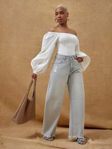 Vixey Enfärgad vävd blus med puffärmar och volym - Vitt - Visa 3