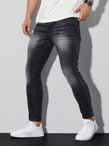 Manfinity LEGND 街头风水洗黑色修身破洞弹力牛仔裤，春夏休闲风 - 黑色 - 查看 7