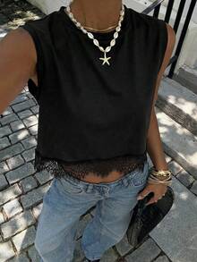 Siren Gaze Áo tank top nữ cổ tròn phối ren màu trơn, kiểu dáng thường ngày, thích hợp cho mùa xuân/hè. - màu đen - Xem 4