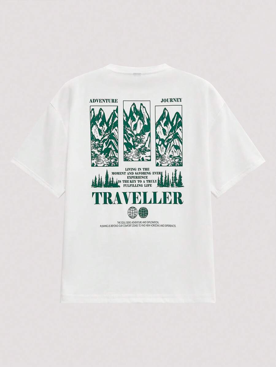 Open Phase 男士山地标语图案休闲宽松短款上衣 T 恤，适合夏季和朋友礼物 - 白色 - 查看 1