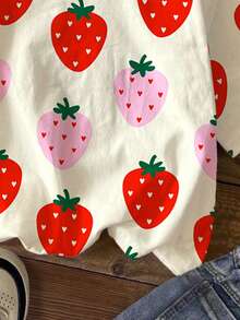 Camiseta de niña preadolescente con estampado de fresa colorido y dulce, con vibra de vacaciones, informal y cómoda, adecuada para primavera/verano, uso diario, vuelta al colegio, a juego con hermanas, vacaciones, Día de San Valentín - Multicolor - Ver 6