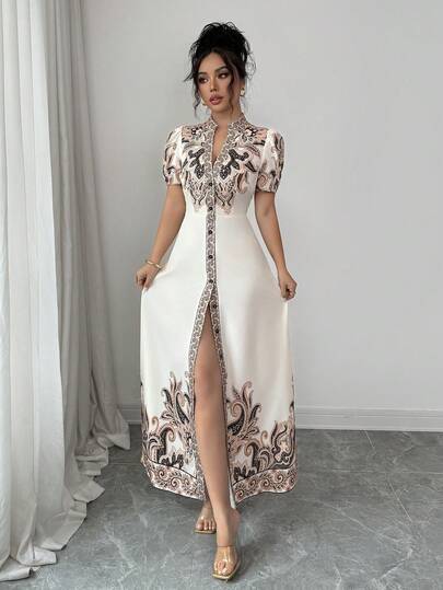 SHEIN Elenzya Vestido elegante de línea A con estampado digital de retazos, cuello en V profundo y cintura ceñida, color albaricoque, adecuado para cenas formales, citas y bodas de mujeres (con flor en posición)