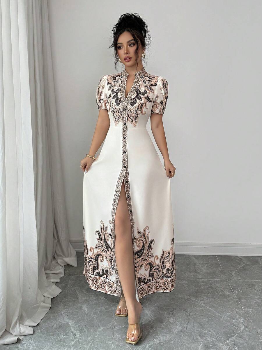 SHEIN Elenzya 杏色深V领收腰数码印花拼接优雅A字连衣裙,适合女士正式晚宴、约会、婚礼等场合(含定位花饰) - 杏色 - 查看 1