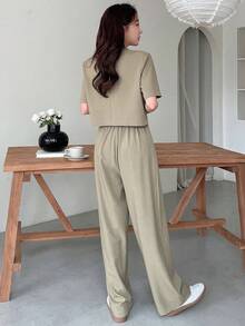 Women Two Pieces Short Sleeve Suit Jacket And Suit Pants Casual Loose Commute Set Business Attire - Green - View 5