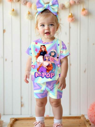 SHEIN 两件套彩色星星扎染韩流卡通女孩头像图案休闲舒适圆领短袖T恤和短裤套装，适合春夏日常穿着、外出、度假、运动、校园、返校节等场合。