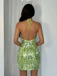 Glamine Sleeveless Halter Neck Green Sequin Bodycon Mini Dress For Women Party Wear With Zipper - Green - View 2