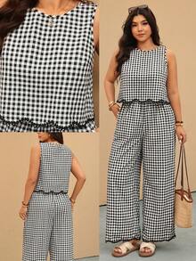 Elaquor Bộ đồ 2 món cỡ lớn: Áo tank top cổ tròn in họa tiết kẻ caro và quần ống rộng. - Đen và trắng - Xem 3