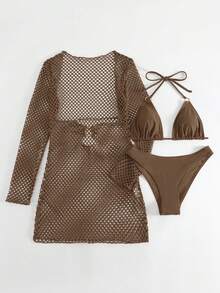 Bonvoyette Bañador bikini triángulo halter liso con cover up - Café integral - Ver 6