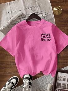 EMERY ROSE Áo thun nữ tay ngắn cổ tròn in chữ, kiểu dáng thường ngày, đa năng. - Màu Hồng Tươi - Xem 2