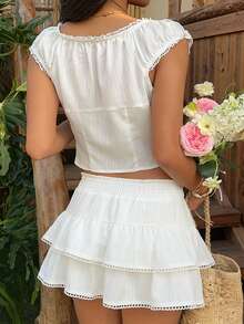 SHEIN EZwear 白色梭织女式单排扣插肩休闲衬衫和迷你裙套装 - 白色 - 查看 3