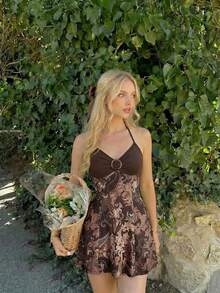 SHEIN MOD 女士吊带露背复古夏季无袖迷你连衣裙 - 棕色 - 查看 1