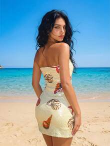 Sweetina Women's Sequin Patchwork Fitted Fashionable Bandeau Mini Dress - Apricot - View 2