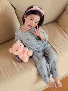 DAZY Young Girl Butterfly Print Button-Up Long Sleeve Top And Wide Leg Pants Pajama Set - Grey - View 2