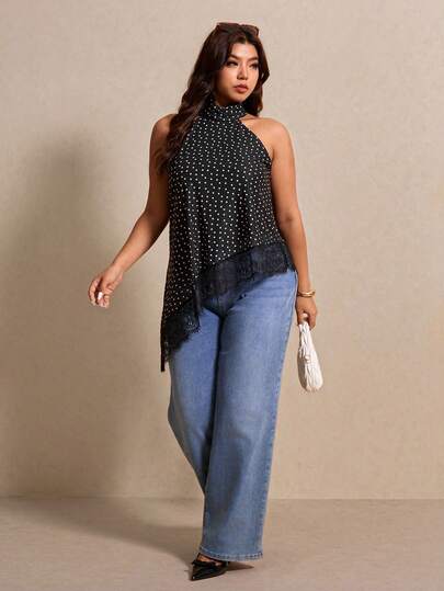 Elaquor Áo hai dây ren họa tiết chấm bi dành cho nữ, thích hợp mặc hàng ngày, áo đen nữ, trang phục năm mới, áo nữ thanh lịch, phong cách cổ điển, trang phục công sở, thích hợp mặc hàng ngày, đi chơi, đi làm, mùa thu/đông.