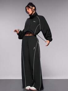 Exploreva Women Contrast Trim Drawstring Hem Jacket With Long Pants Activewear Set Tracksuits Set - Black - View 1