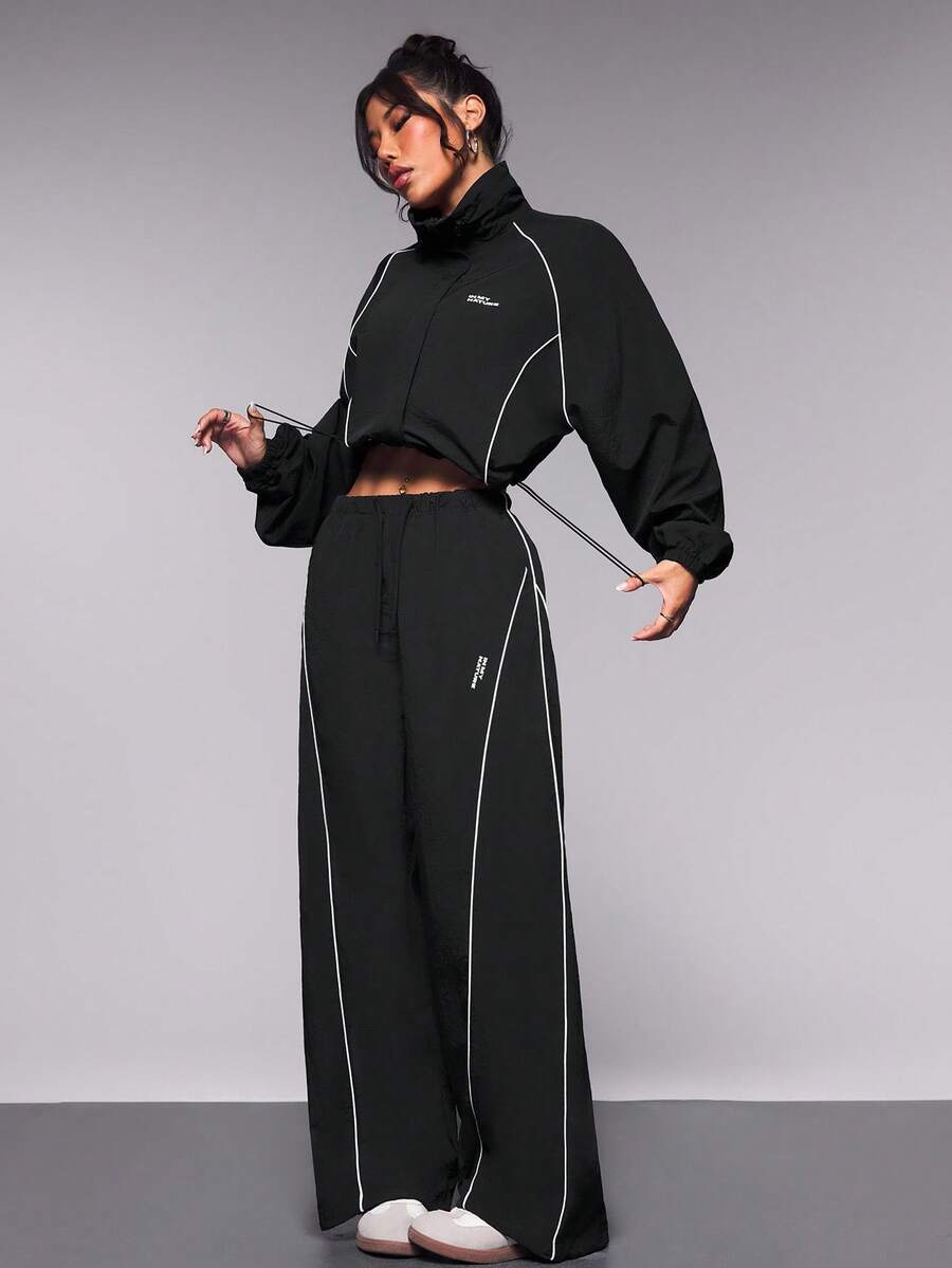 Exploreva Women Contrast Trim Drawstring Hem Jacket With Long Pants Activewear Set Tracksuits Set - Black - View 1
