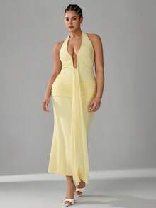 SHEIN Tall CURVE Plus Size Elegant Sexy Solid Color Backless Halter Fishtail Dress - Yellow - View 4