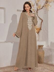 Al Najma Stand Collar Embroidered Floral Decor Dress, Elegant Style - Brown - View 1